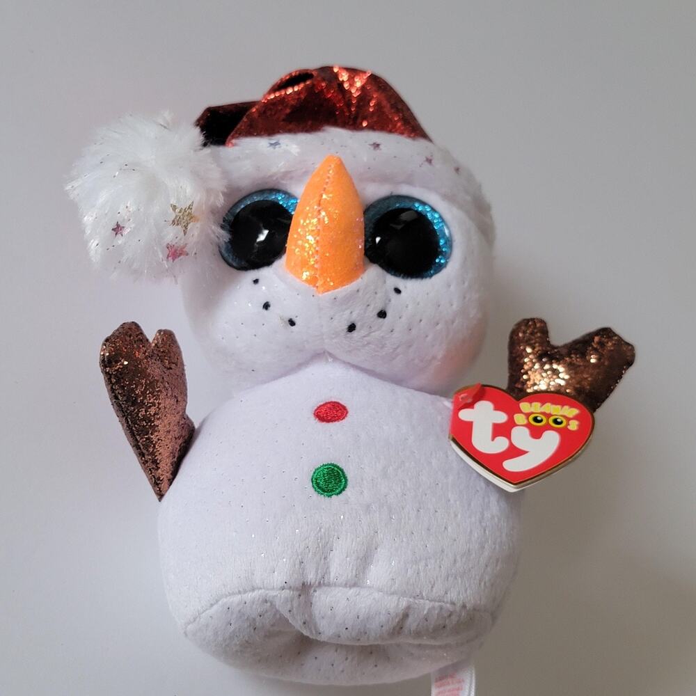 Ty Beanie Boos Snowman Plush Small White Red Hat Christmas Stuffed Toy